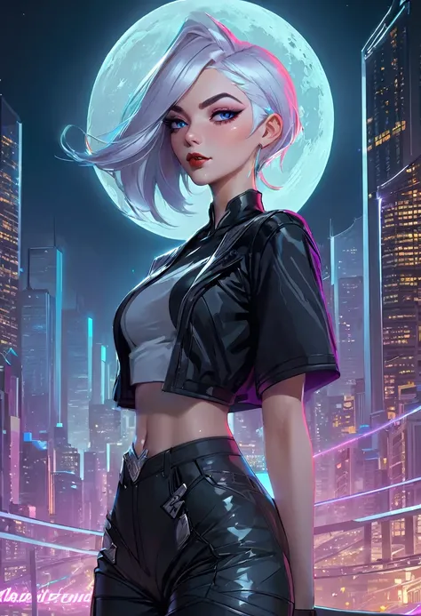 a woman with hair and a black shirt is standing in front of a neon city background with full moon, lois van baarle and rossdraws...