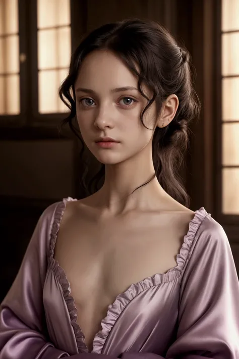 In a rococo atelier、(flat!!! tiny!!! chest), ( girl), very young!!!!!!! face, wears a purple open!!! robe, brown eyes, anorexic!!!!!!!!!, emaciated!!!!!!!!!!!!!!!!, very skinny!!!!!!!!!!, (very short!!!!!!), tiny!!!!!!!!, Highly detailed, 8K, 1girll, boney...