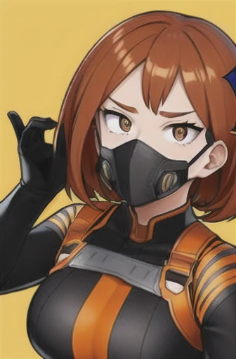 horikoshi kouhei, adult woman, round face, brown almond shaped eyes, auburn medium hair with orange hair strands in the front, black hero costume, mask, blurry, blurry background, boku no hero academia, 

