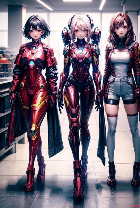 3 girls with different hair colors wearing full body cyberpunk style iron man armor at a party 