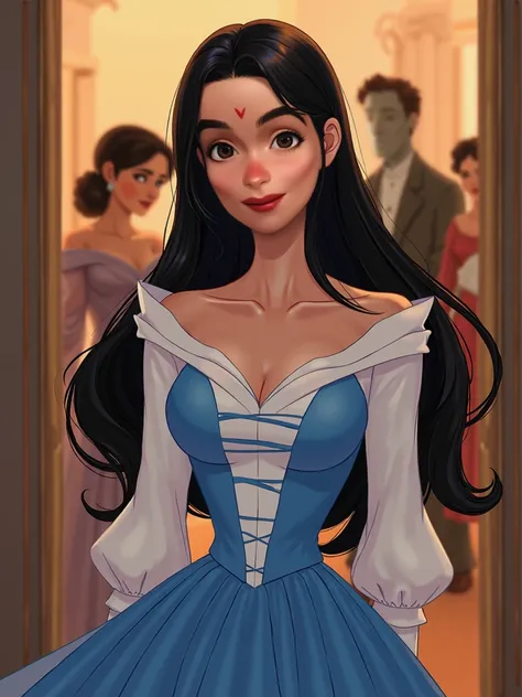 Character: female Iasmim01 Young woman with an elegant appearance, with long, straight, dark hair that falls gently over her shoulders. Her big eyes are dark brown and bright, full of life and charm. She has a well-shaped mouth, with pink and delicate lips...