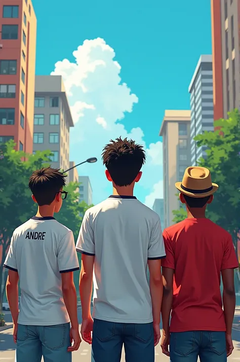 In a town not far away lived 3 teenagers (show a city background)
André (White, Atlético Mineiro shirt), felipe (tall with glasses) and Claudio (black man with hat) 
Them with their backs facing the city 