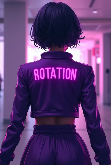 "A character seen from behind, wearing an outfit with shades of purple. On the character&#39;s back, it says &#39;Rotation&#39; in big, stylized letters. The character is in a confident pose, with a slight tilt of the head to the left, suggesting movement ...