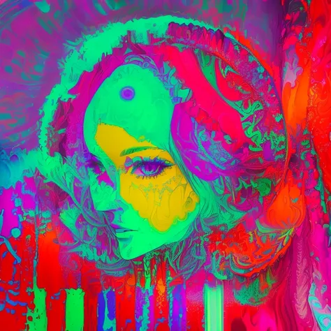 brightly colored photograph of a woman with a hat and a flowered dress, psychedelic glitch art, psychedelic digital art, neon color mixed media painterly, psychedelic acid trip, psychedelic photoluminescent, psychedelic fever dream, psychedelic trip, color...