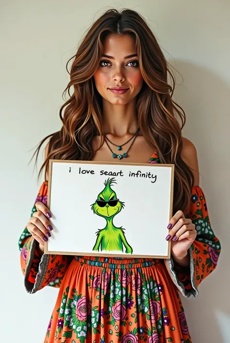 Beautiful girl with long wavy hair, bohemian dress, holding a whiteboard with the text "I Love Seaart Infinity" and showing the viewer a 2d drawing of the Grinch standing full body, slightly in right profile with sunglasses







