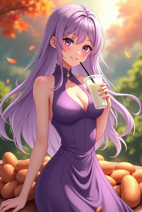 High image quality、Lady、Purple Dress、30th Generation、Long Hair、Fair skin、Beautiful Skin、Beauty、whole body、anime、Lots of sweet potatoes、🍠、Holding a white drink、Drink from a thick black straw、autumn、garden