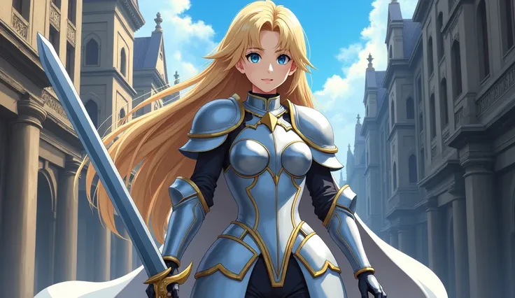 This is an image of a female anime character. A blue-eyed young woman with long blonde hair and full silver armor, holding a shining silver sword. Behind her. She is on a cobblestone street with tall buildings to the right and left of her..