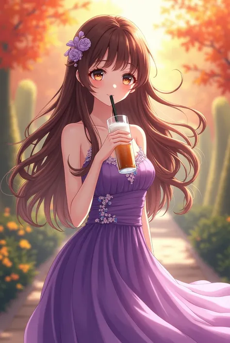 High image quality、Lady、Purple Dress、30th Generation、Long Hair、Brown Hair、Fair skin、Beautiful Skin、Beauty、whole body、anime、Holding a white drink、Drink from a thick black straw、autumn、garden