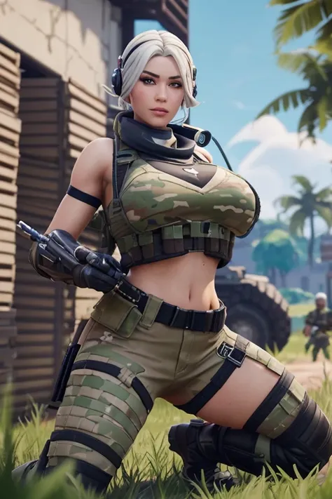 fortnite , chica sexy, kneeling position helping an injured person   ,big girl,perfect body, seductive look  ,sensual and brave,in a battle environment, open mouth ,realistic ,big breasts,sensual legs , chest to ground position , firing position ,a hail of...