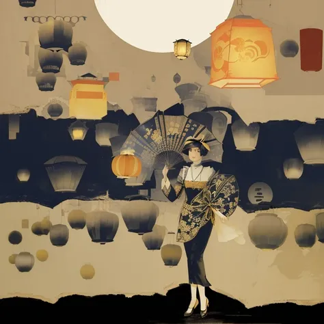 there is a woman standing in front of a wall with lanterns, girl under lantern, lanterns, lantern, inspired by Hannah Höch, dim lantern, lantern light, inspired by Raphael Kirchner, album artwork, digital collage, yellow lanterns, inspired by Toshiko Okano...