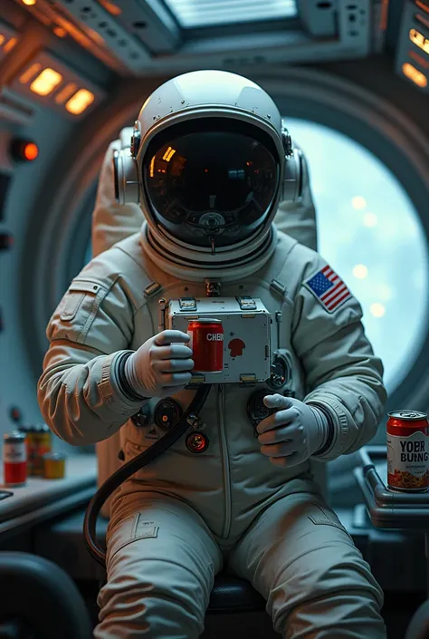 Astronaut inside the spaceship eating canned food and little water