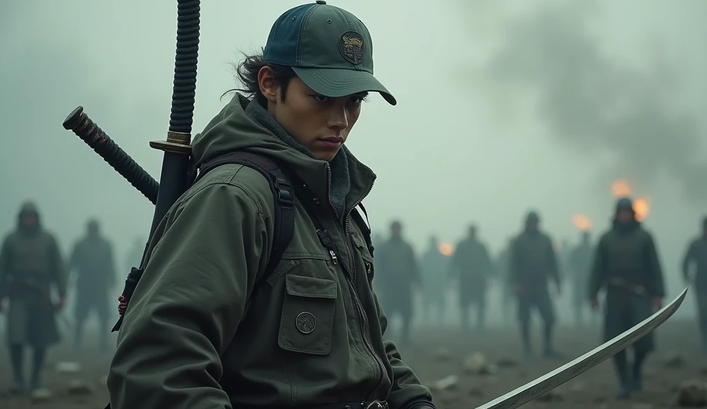 a brave young man, wearing a jacket and baseball cap, wielding his samurai on the battlefie, 1 man, highly detailed, cinematic, dramatic lighting, muted colors, depth of field, motion blur, volumetric fog, gritty, dark, epic, heroic, intense, powerful, bol...