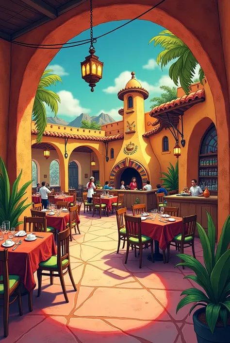 Perspective of a spacious, cute, hand-drawn Mexican-themed restaurant 