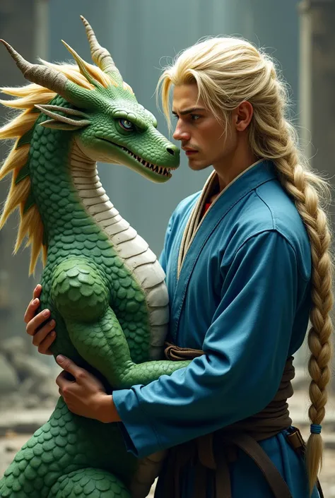 Young adult man (22 years) long hair blonde (up to the knees) with braid, swarthy skin, green eyes, Blue Japanese warrior garment with a V-neck on the chest next to a young adult (24 years) half green dragon with messy blonde hair, white skin and blue eyes...