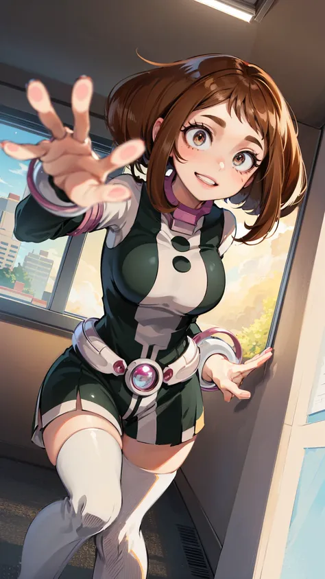 ochaco uraraka, big eyes, short brown hairs, my hero academia, girl, heroine, hero uniform, big boobs, big ass, thicc, view from above, shy smile, teen, looking at the viewer, hands on waist, school, classroom, day, 8k, ultra quality, saturated, HDR