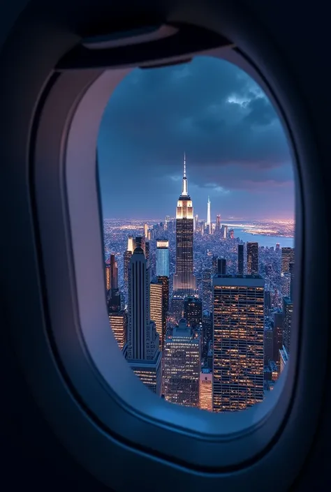 Window of an airplane that in the fondo, very background is New York at night realistic High resolution, masterpiece, necessary, 