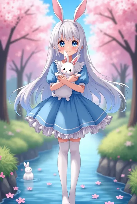 Drawing of a woman with white hair, blue hair ends, blue eyes, white bunny ears, holding a white rabbit under a cherry tree, wearing a cute blue lolita dress, white long stockings, full body image.(anime)
shill, Blushing, Knee-length hair, Background of ma...