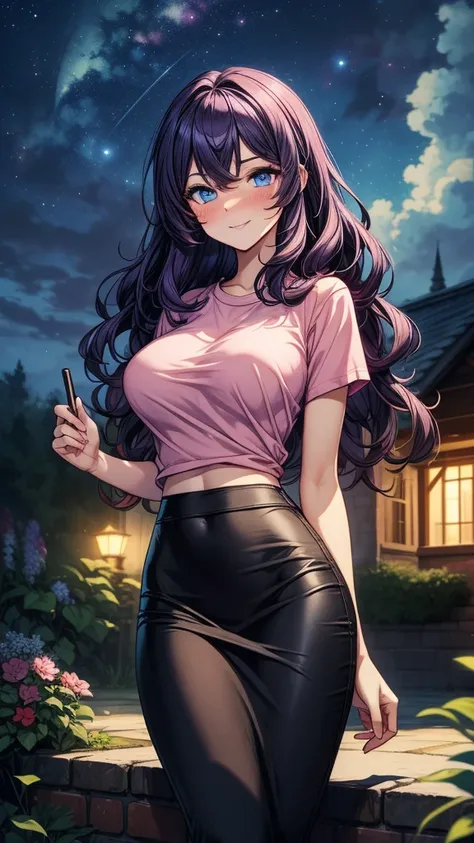 ((((masterpiece, best quality, high detail)))), beautiful woman, bright blue eyes, shy, full-face blush, seductive smile, smirk, smug, solo focus, (large breasts), long ((wavy hair)), ((purple hair)), hairpin, ((pink t-shirt)), ((black midi pencil (skirt))...