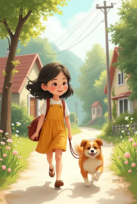 a girl walking her dog, that is drawn



