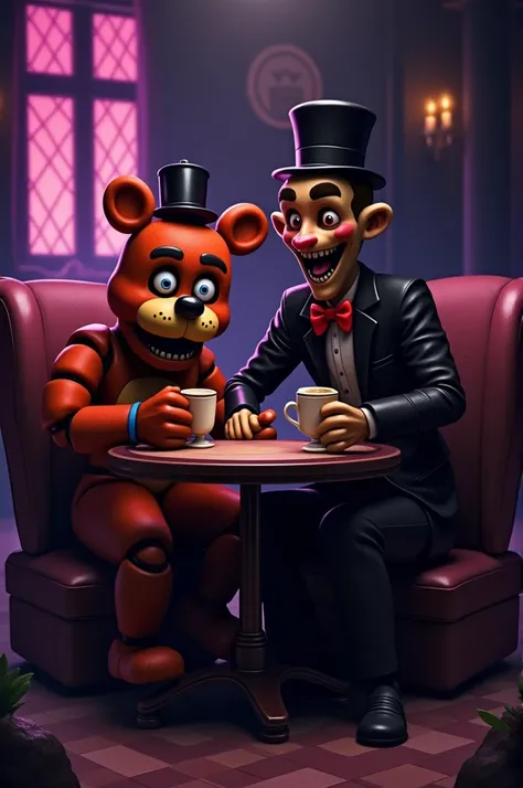 Glamrock Freddy de Five nights at Freddys Security Breach, tomando mate con Lucifer de Hazbin Hotel