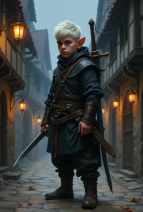 A full body drawing of a character for a medieval fantasy rpg world. A halfling man, with white hair, black clothes, holding a small knife, with a sword on his back, At night, in a medieval village.