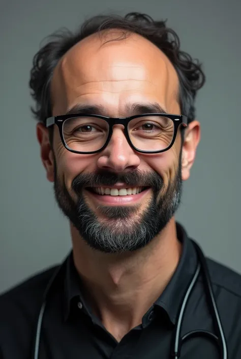 white man, 2, bald curly hair, wears black, rectangular glasses, marked jaw wears black beard, friendly smile, medicine student, generic features 
