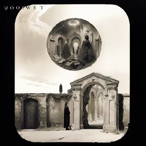 there is a black and white photo of a man standing in front of a grave, doorways, gateway to another dimension, gateway to another universe, collage style joseba elorza, doorways. zdzisław beksinski, gateway, doorway, surreal dark otherworldly mood, portal...