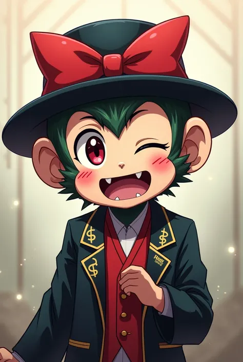 I want a Gojo with a monkey face that has pink cheeks and a money sign face with a hat and the hat has a red bow in the middle 