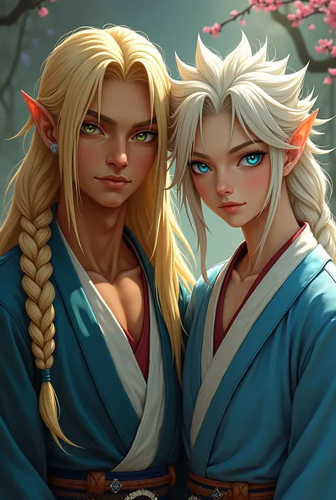 Young adult man (22 years) long hair blonde (up to the knees) with braid, swarthy skin, green eyes, Blue Japanese warrior garment with a V-neck on the chest next to a young adult HUMAN (24 years) half green dragon with messy blonde hair, white skin and blu...