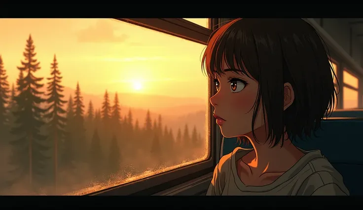 A teenage girl, around 16, with short brown hair and light brown eyes, looks out of a dusty bus window. Her expression is anxious and uncertain, the golden glow of the setting sun casting long shadows over her face. Outside the window, a dense forest of ta...