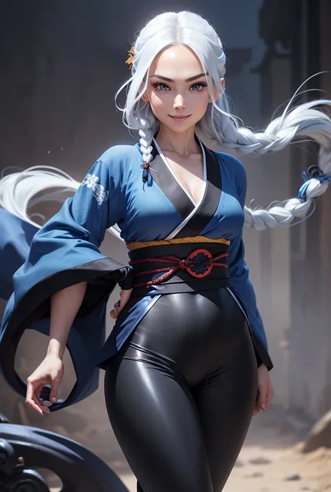 Long hair, high resolution, smile, blue eyes, breasts, short hair, High details, Braid, Shiny hair, straight hair, White hair, ((with a fiamma on the forehead)), high, hands on waist, ((blue ninja kimono with black pants )) ((1 woman)) ninja high shoes