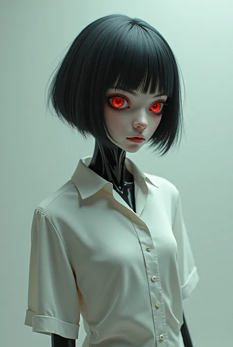 1 woman, short black hair, 8 red eyes, monster girl, arachne, spider girl, white shirt,