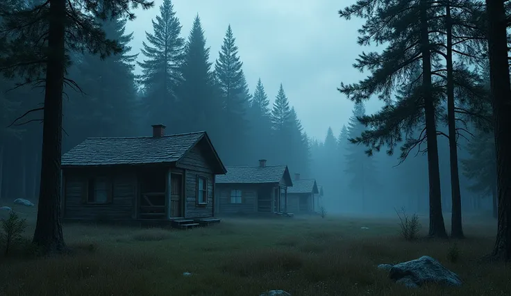 A realistic view of rustic summer camp cabins nestled in a forest clearing at dusk. The cabins are old and wooden, with faded paint. A gentle mist is creeping in from the trees, giving the scene a quiet but unsettling atmosphere. The pine trees tower over ...