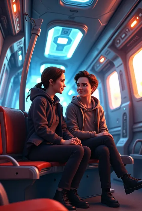 Katniss (Women) and Peeta (man) on a futuristic train sitting. Animated veryyy animated 