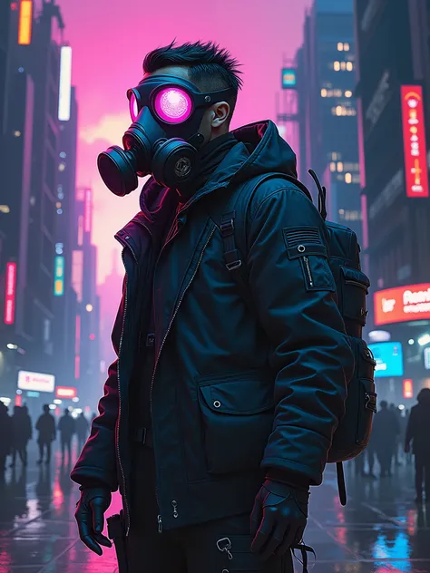 man wearing a gas mask and a gas mask on his face., cyberpunk art style, Cyberpunk themed art, very coherent stylized artwork., futuristic art style, cyberpunk art, cyberpunk artstyle, cyberpunk illustration, detailed cyberpunk illustration, dark cyberpunk...