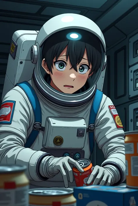 Male astronaut seeing that there was little canned food and water inside the ship and looking worried anime version 