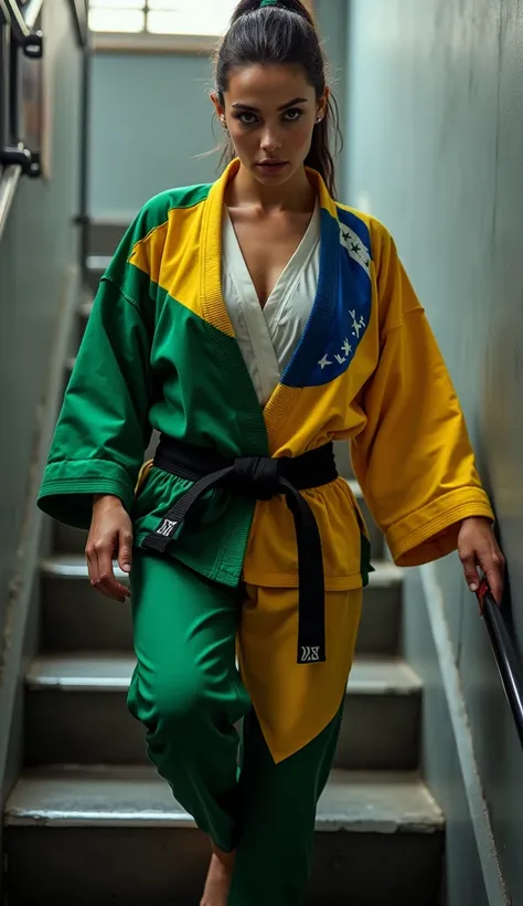 Woman wearing a tight-fitting jiu-jitsu kimono the color of the Brazilian flag with a black belt around her waist. She wears a white blouse underneath the kimono. She is climbing a staircase at a gym.,  at the end of the stairs there is a jiu-jitsu mat 