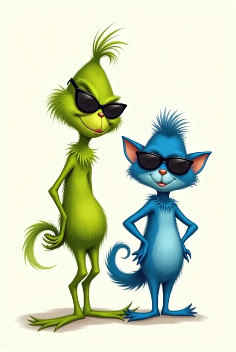 2d drawing of the grinch standing FULL BODY a little bit in right profile with sunglasses and next to tyrone from the backyardigans with sunglasses
