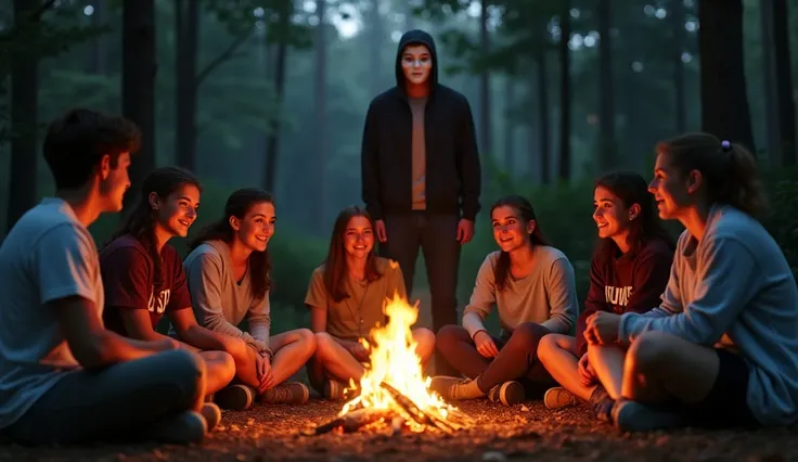 A group of cheerful camp counselors, all in their mid-20s, stand around a campfire, introducing themselves to a group of teens. In the background, a tall figure stands apart, slightly out of focus, wearing an unnerving, plain white mask that completely obs...