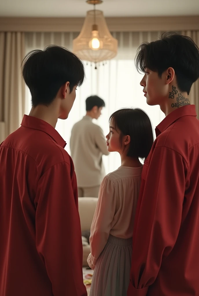 2 Korean man with his 1 daughter, both facing forward and in a part of their house in the living room, the man has long hair please And that they are both facing the camera and that the man has letter tattoos on his neck and arms and that the man looks lik...