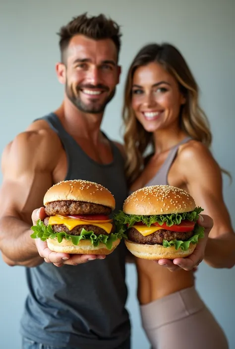 A FIT MAN AND WOMAN SHOWING VARIETIES OF HEALTHY FAT-FREE HAMBURGERS