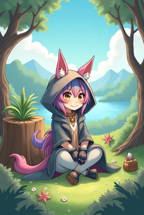 work of art, best quality,, 1 , sitting, animal, animal ears, bird, therefore_Hair, Boken, Bokenmark, branch, mitts, gram, green Hair, containment, containment Boken, hooded cloak, hooded cloak down, ventail, looking at the viewer, multicolored Hair, ocane...