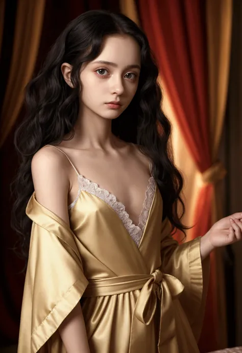 In a rococo bedroom、(full body, flat!!! tiny!!! chest), ( girl), very young!!!!!!! face, Oil painting model、wears a green open!!! robe, black eyes, anorexic!!!!!!!!!, emaciated!!!!!!!!!!!!!!!!, very skinny!!!!!!!!!!, (very short!!!!!!), tiny!!!!!!!!, Highl...