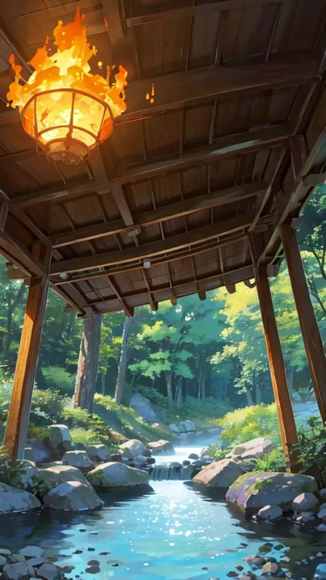 What can be seen from inside the tent、Bonfire and a river flowing in front of you、Surrounded by trees々、forest、
Ghibli-style colors, 