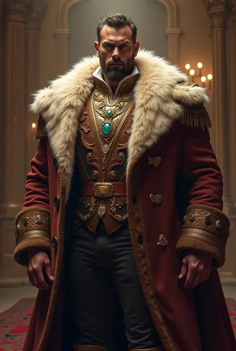 Create an imposing man,with luxurious fur coat, and many jewels of various kinds 