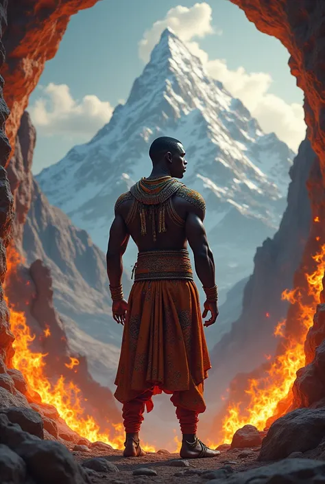 Back of a Black man strong looking to a moutain dressed and class with african royal clothes and short hairs and lion on fire like border of the picture