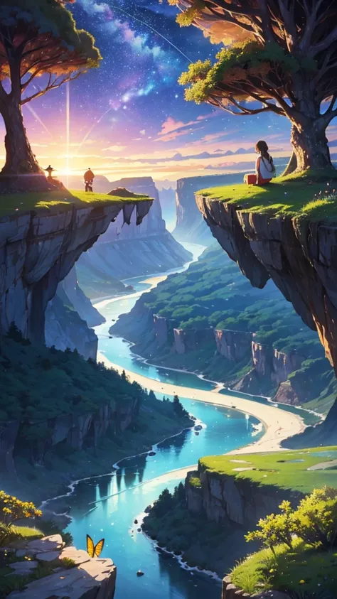 Viral anime nature wallpaper in 4K quality, details,in the style of Pixar 3D inspired by Up, illustrating a breathtaking canyon with a hut under a big tree, and a river winding through the canyon floor; temperature is warm,glowingly butterflies, , cosmos l...