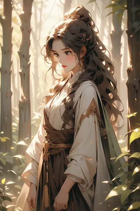 woman, small height, druid, brown robe, black staff, forest