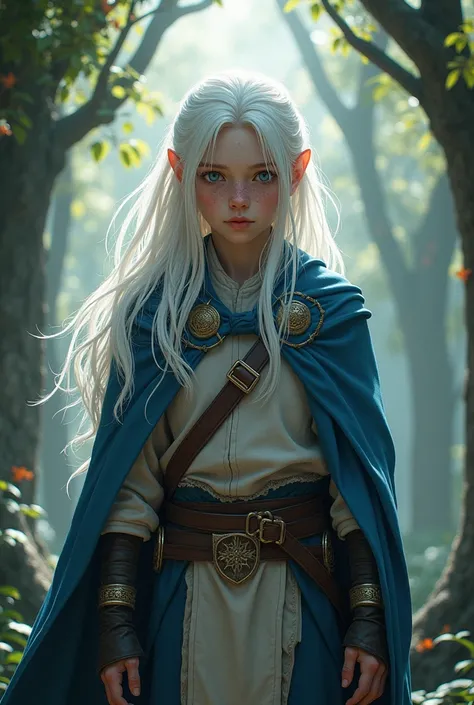 , adolescent, albino, hair bank, Albino skin, magic, Fantasy, freckles, very long hair, blue eyes, white eyebrow, white eyelashes, normal ears, 15 years, man, medieval, white skin, warrior clothes