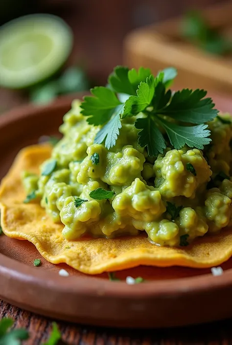 Create an image of a Guatemalan corn tostada with guacamole 